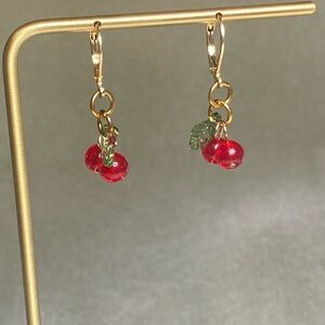 Gold Cherry Drop Earrings with Red Crystal Charms